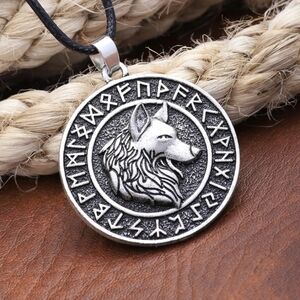 Silver Wolf Pendant with Runes
